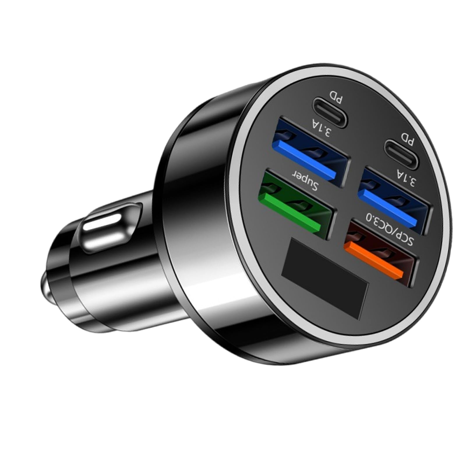 Multi-Port Fast Car Charger – 6-Port USB & Type-C Quick Charger Adapter with LED Display