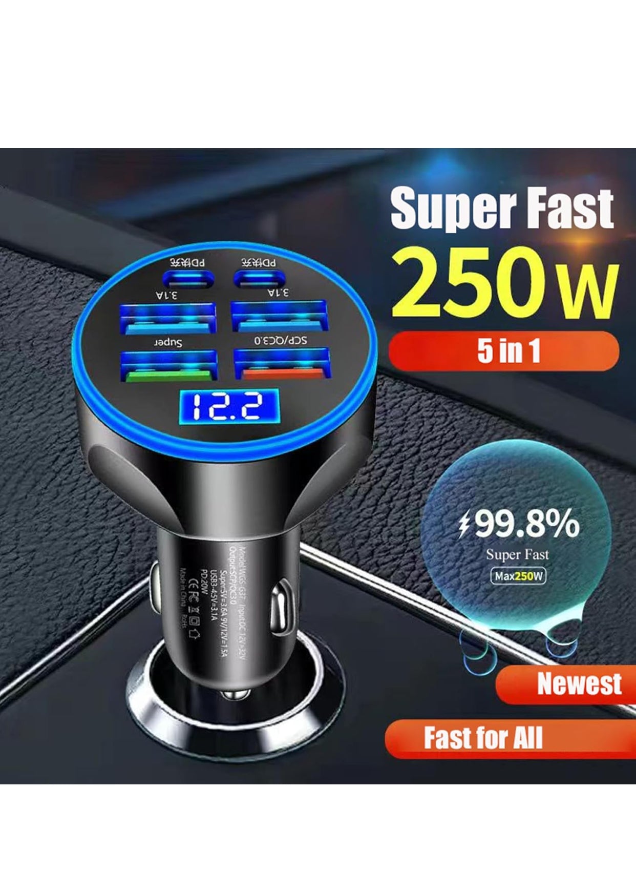 Multi-Port Fast Car Charger – 6-Port USB & Type-C Quick Charger Adapter with LED Display